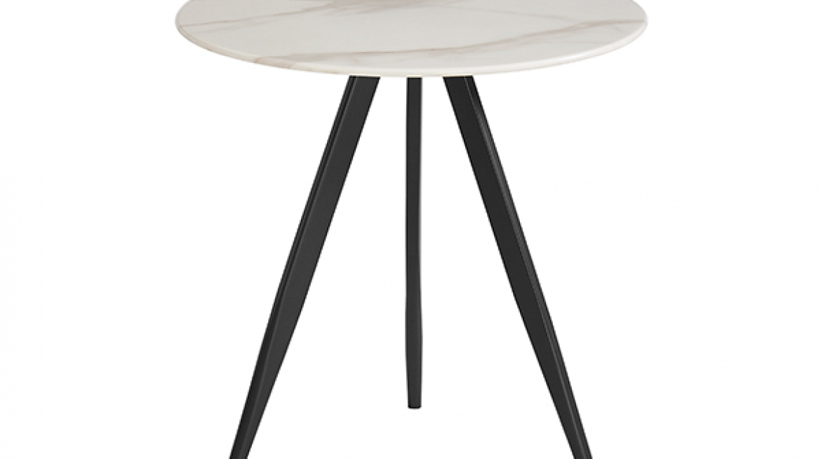 lavish_ A Circe Lamp Table White with a white marble top and three black metal legs, set against a plain white background.
