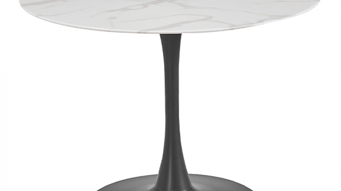 lavish_ A round table with a white marbled surface and a black pedestal base, the Circe 1000 Dining Table White.