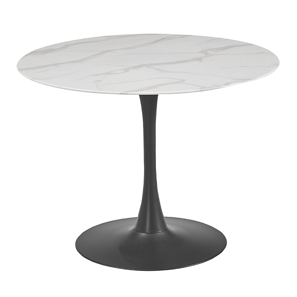 lavish_ A round table with a white marbled surface and a black pedestal base, the Circe 1000 Dining Table White.