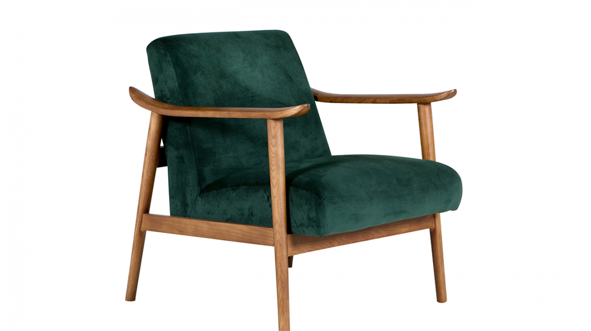 lavish_ A Heath Accent Chair Green with a wooden frame and green cushioned seat and backrest.