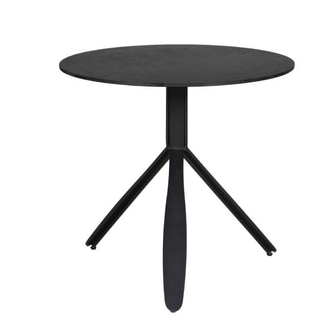 lavish_ A Kya 800 Dining Table Black with a thin top supported by three splayed legs.