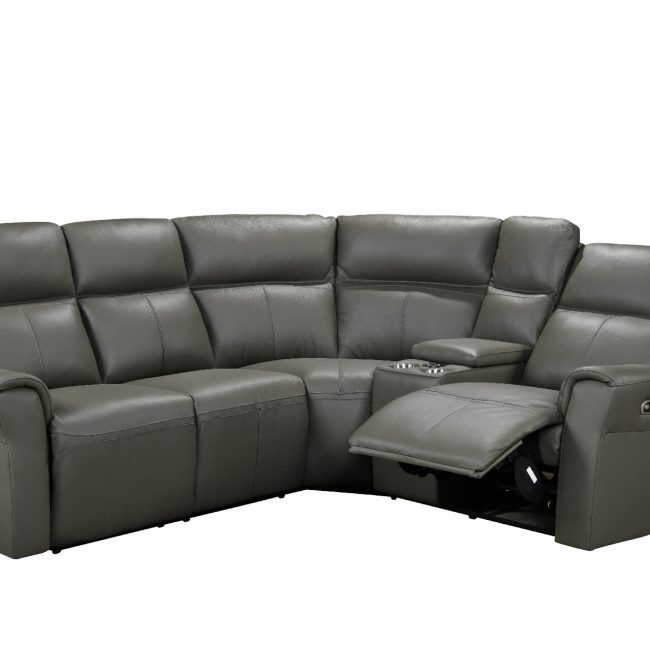 lavish_ A Russo Corner Group Electric Recliner (4pcs) - Ash with six seats and built-in cup holders, positioned in an angled arrangement.