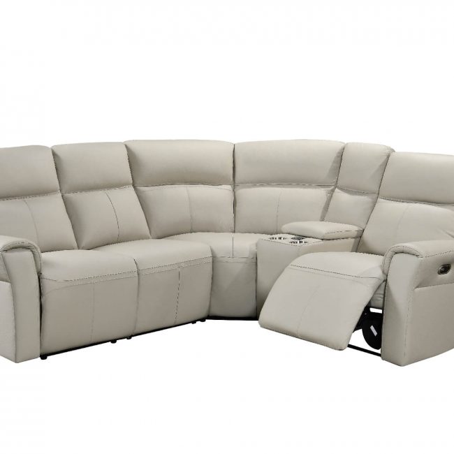 lavish_ A Russo Corner Group Electric Recliner (4pcs) - Stone with built-in recliners and a center console featuring cup holders.